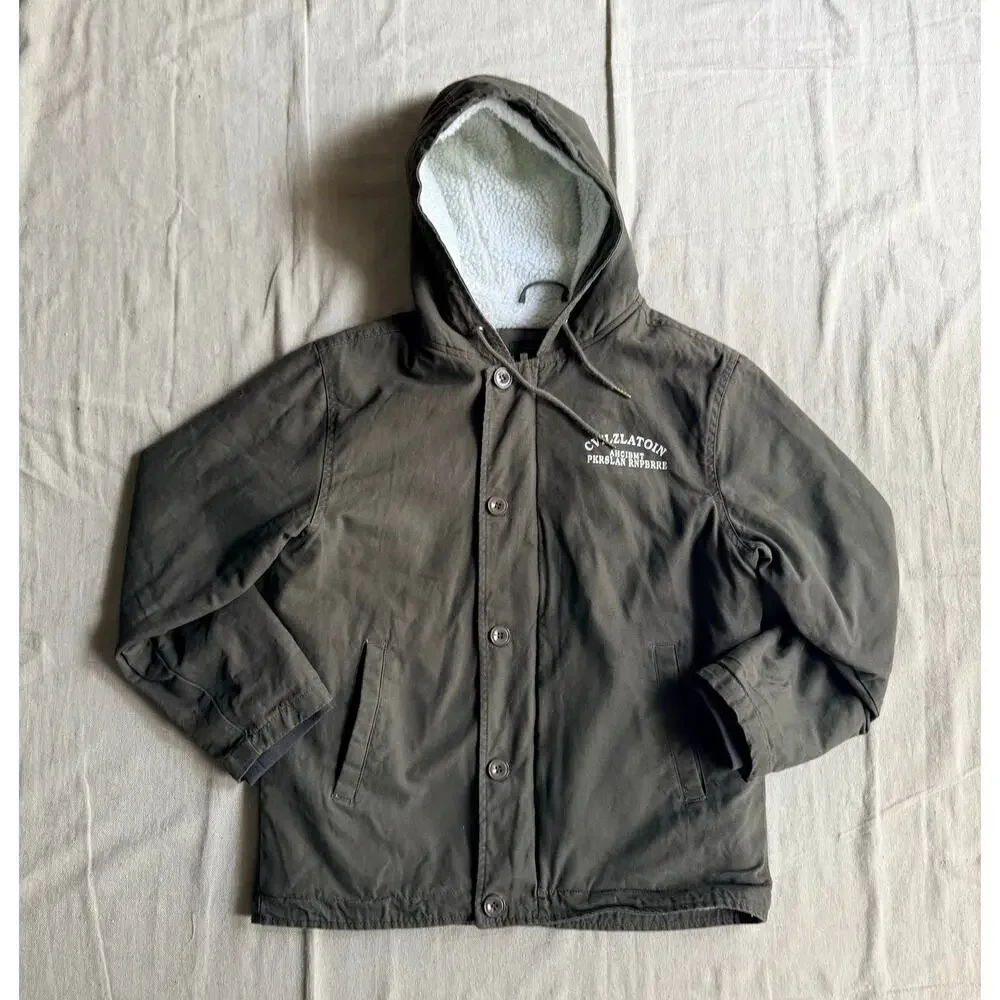 Sherpa Fleece Lined Canvas Hooded Jacket Men's M Olive Workwear Coach Coat